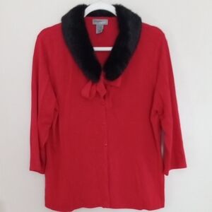 Dressy Red Sweater with Black Furry Collar